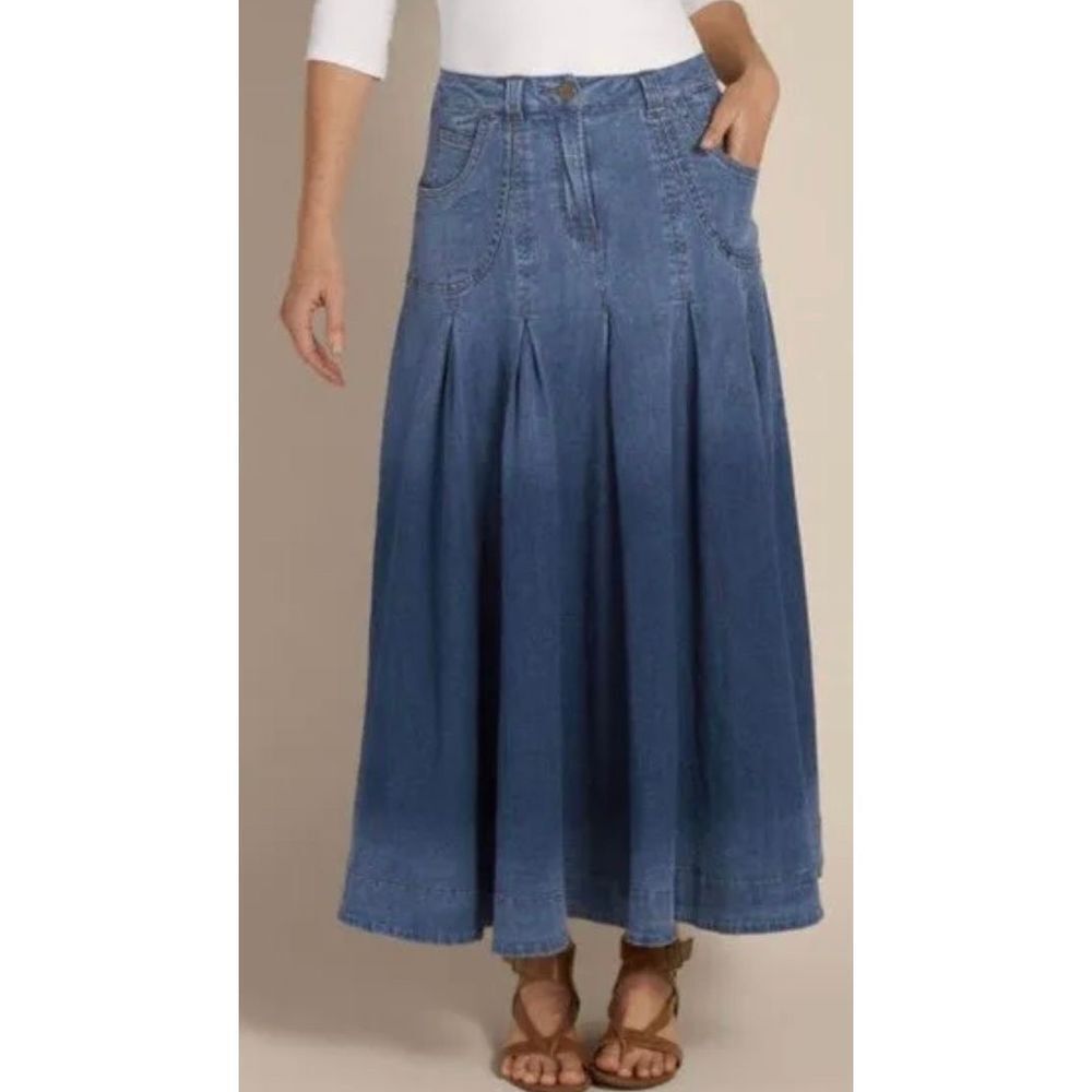 Soft Surroundings Medium Wash Ombré Denim Pleated Boho, Cottagecore Skirt Size S